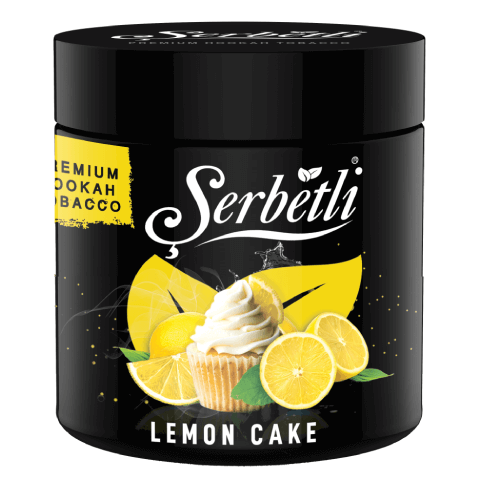 Serbetli Lemon Cake premium hookah tobacco with lemon slices and cupcake on black container