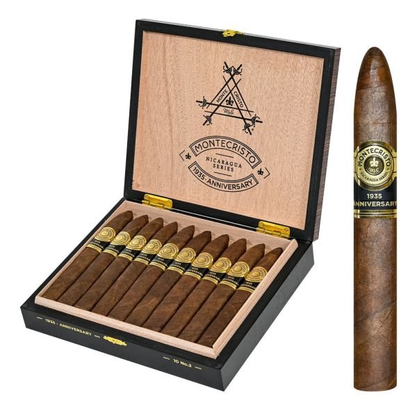 Montecristo Nicaragua Series 1935 Anniversary cigars in open wooden box with black and gold bands