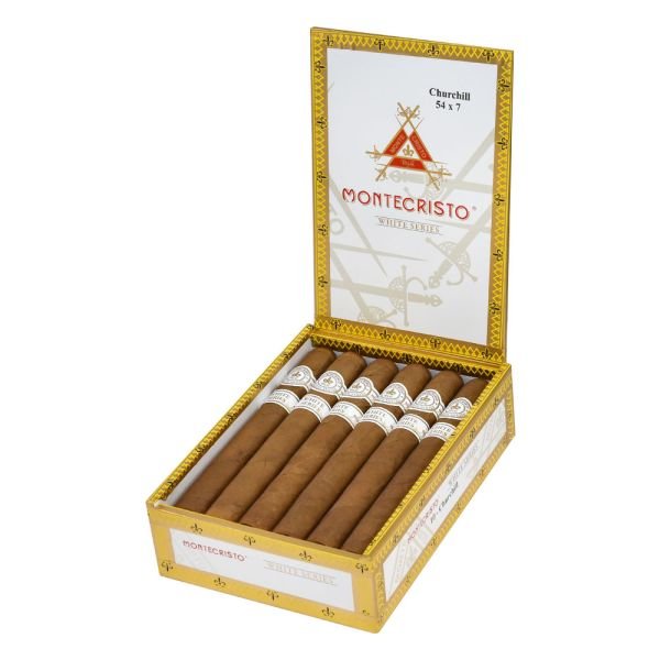 Box of Montecristo Churchill cigars with six premium brown cigars inside yellow packaging