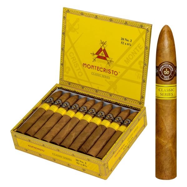 Box of Montecristo Classic Series cigars with yellow packaging and 20 cigars inside