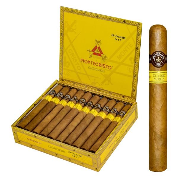 Box of Montecristo Classic Series Churchill cigars with brown wrappers and yellow bands