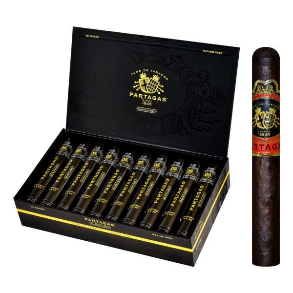 LE TABAC Partagas Maximo Especial cigars in black and gold box with one cigar outside the box