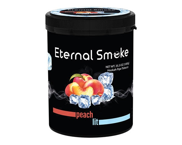 Eternal Smoke peach lit hookah pipe tobacco in black container with peach and ice cube design