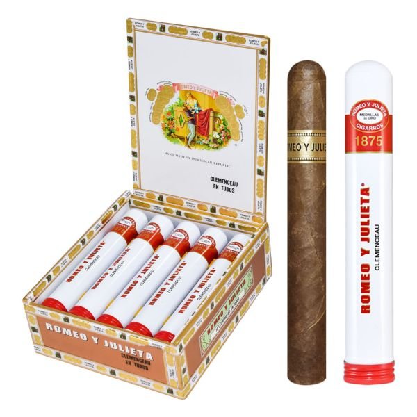 Box of Romeo y Julieta Clemenceau cigars with individual white and red tubes and a single unwrapped cigar