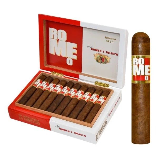 Box of 20 Romeo y Julieta Robusto cigars with one cigar shown separately by LE TABAC