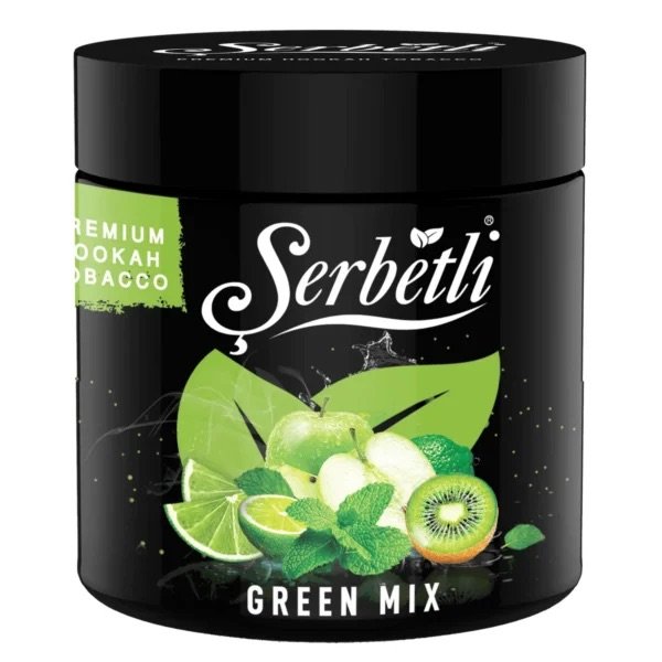 Serbetli Green Mix Premium Hookah Tobacco with lime, apple, kiwi, and mint flavors in black container