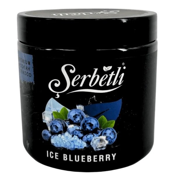 Serbetli Ice Blueberry premium shisha tobacco jar with blueberry and ice graphics