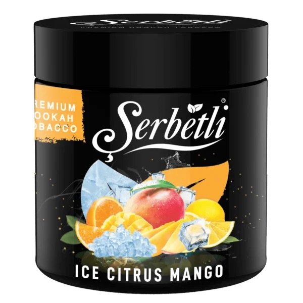 Serbetli Ice Citrus Mango premium hookah tobacco with mango, citrus, and ice imagery on black container