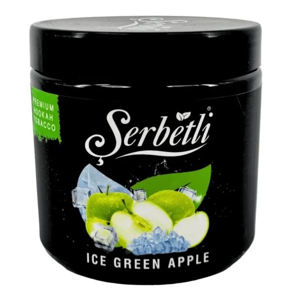 Serbetli Ice Green Apple premium hookah tobacco container with green apples and ice cubes design