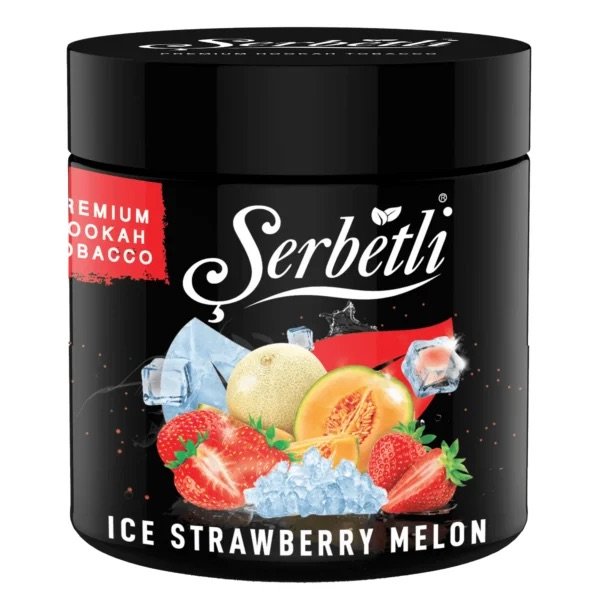 Serbetli Ice Strawberry Melon premium hookah tobacco with strawberries, melon, and ice visuals