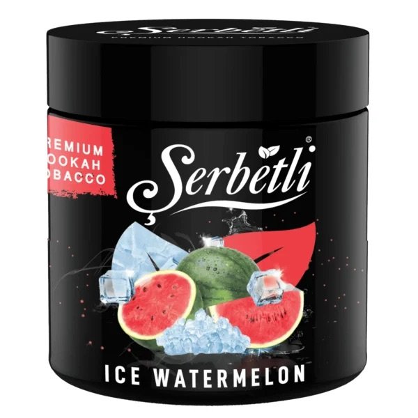 Serbetli Ice Watermelon premium hookah tobacco with watermelon and ice cubes on black container