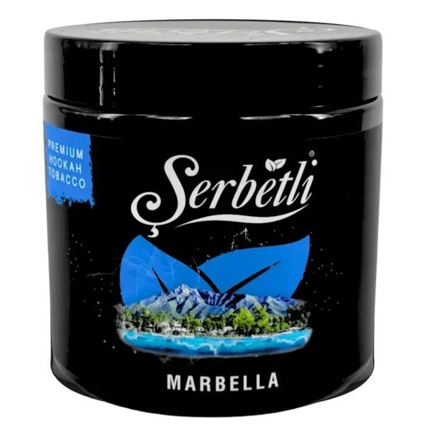 Serbetli Marbella premium hookah tobacco in black container with blue leaf design