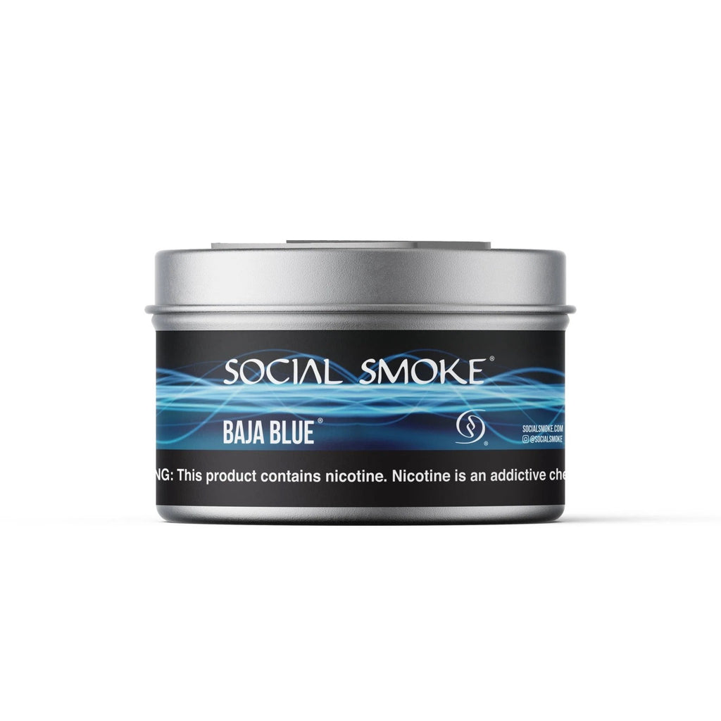 Le Tabac Social Smoke Baja Blue smokeless tobacco can with nicotine warning label