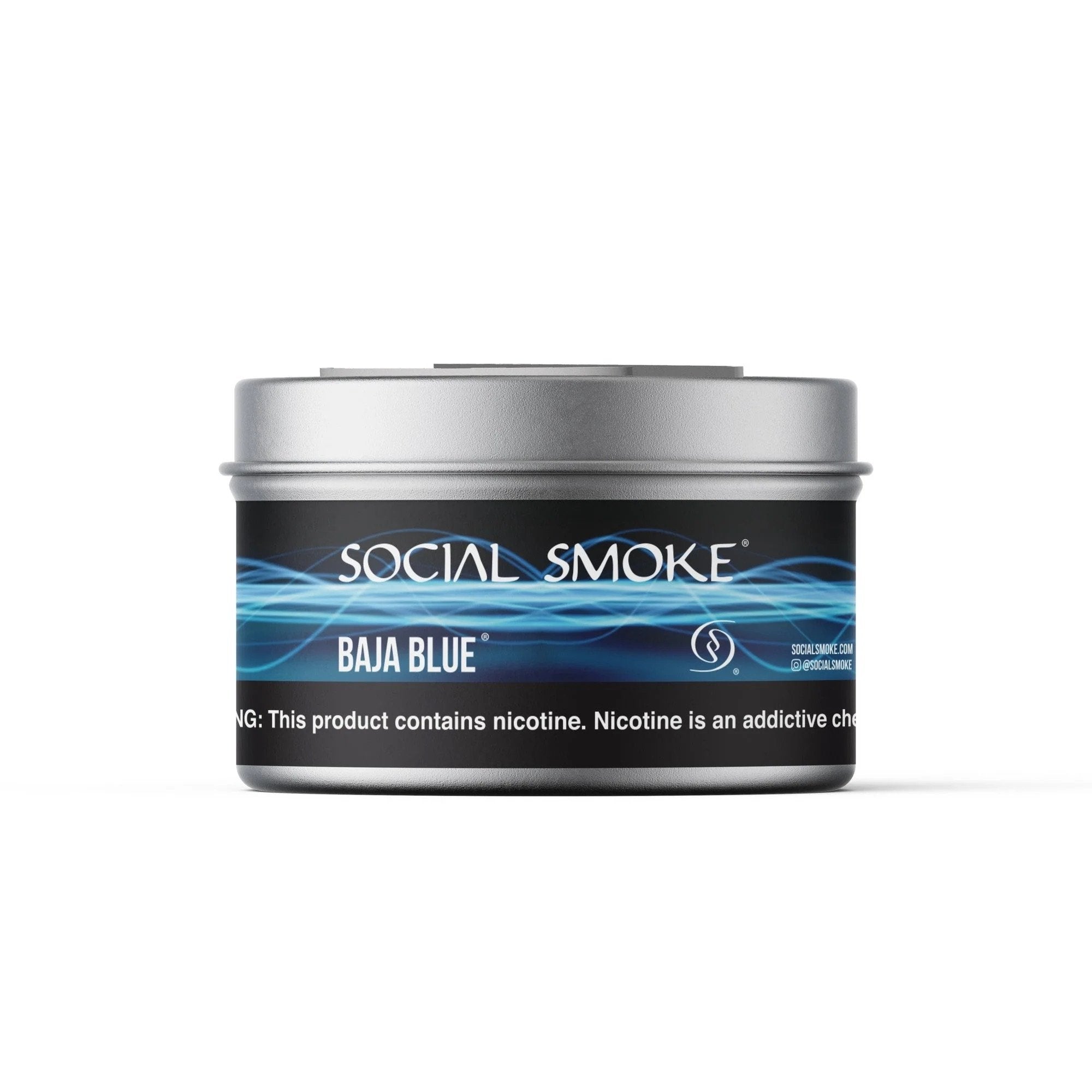 Le Tabac Social Smoke Baja Blue smokeless tobacco can with nicotine warning label