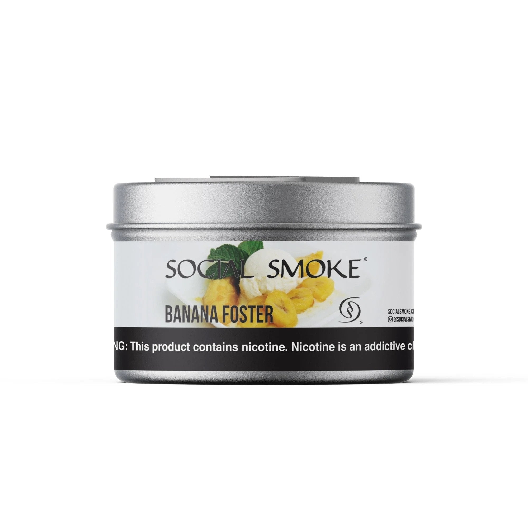 Social Smoke Banana Foster flavored shisha tobacco in a silver tin by LE TABAC