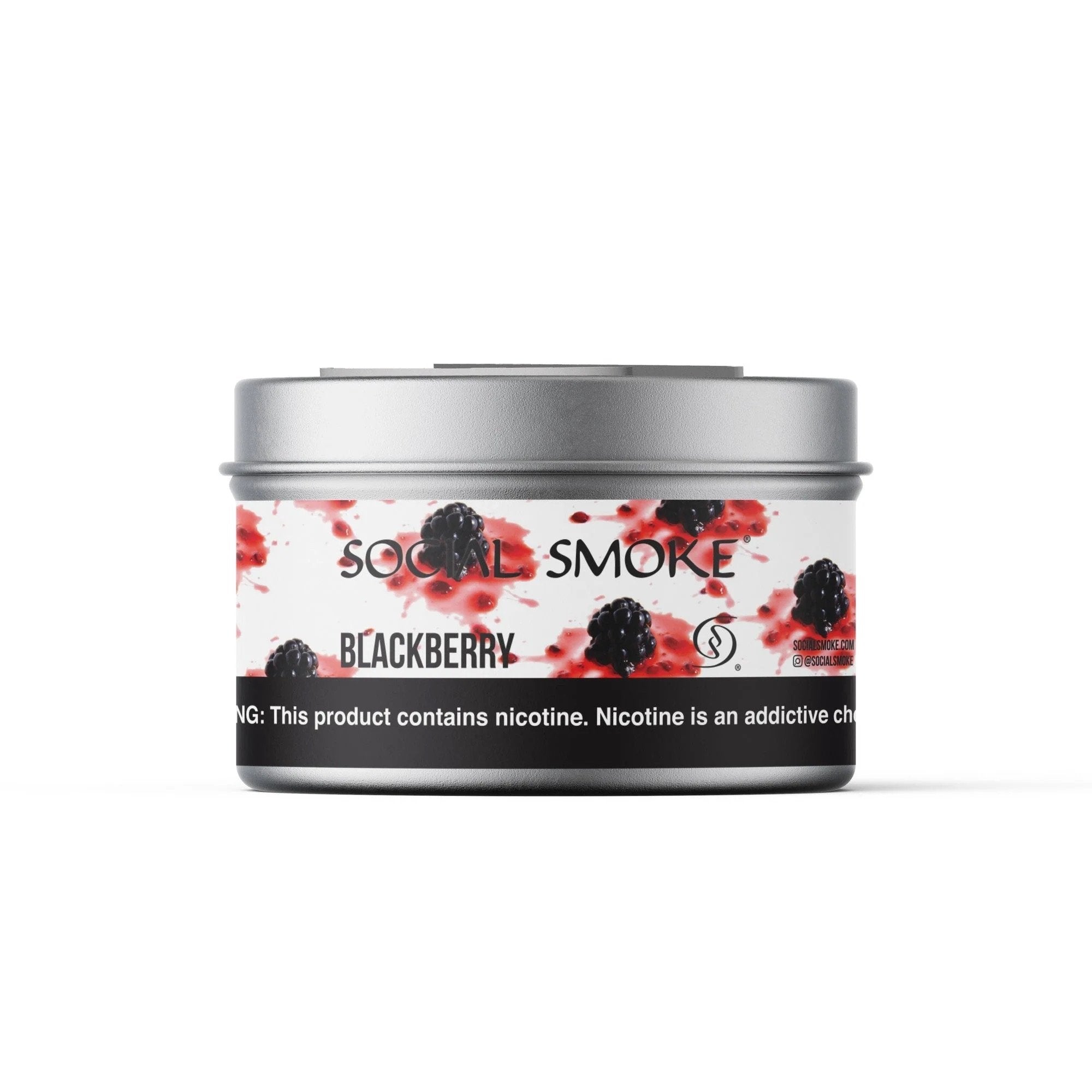 Social Smoke Blackberry flavored tobacco in a silver tin with blackberry fruit design