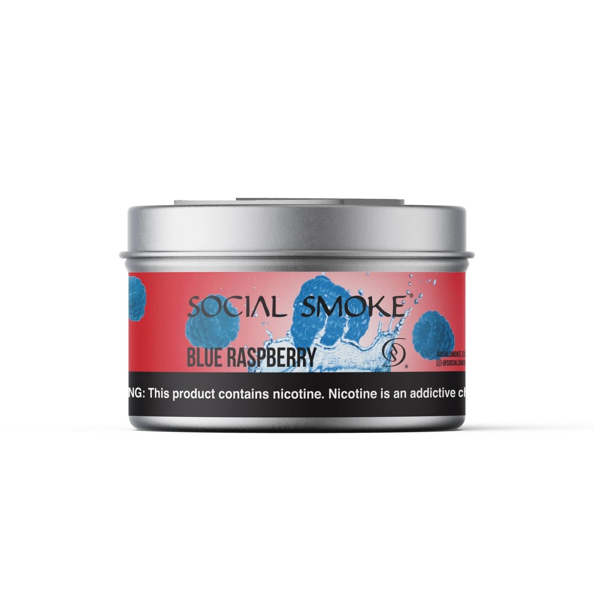 LE TABAC Social Smoke Blue Raspberry flavored nicotine product in a small silver tin with red label