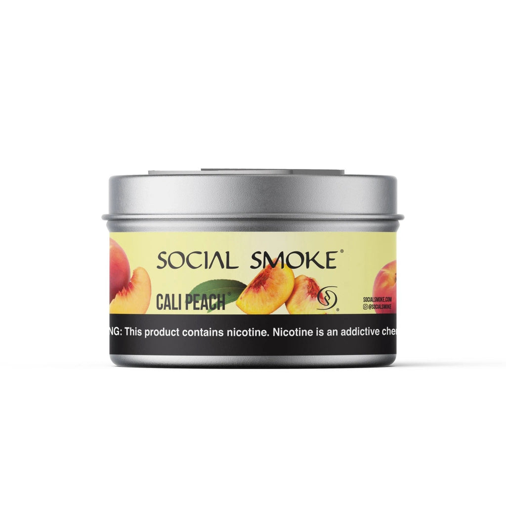 Social Smoke Cali Peach shisha tobacco can with peach fruit illustrations and nicotine warning label