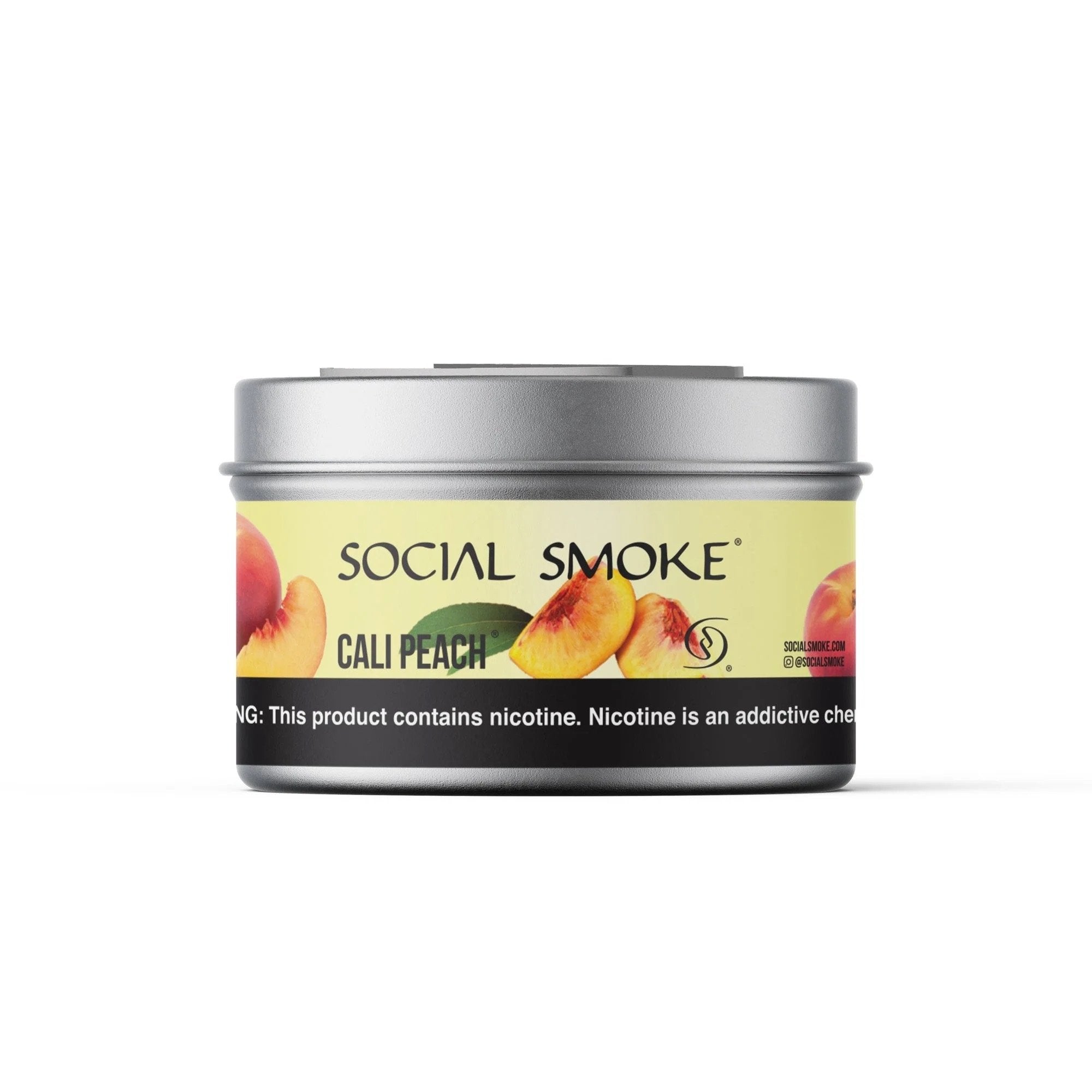 Social Smoke Cali Peach shisha tobacco can with peach fruit illustrations and nicotine warning label