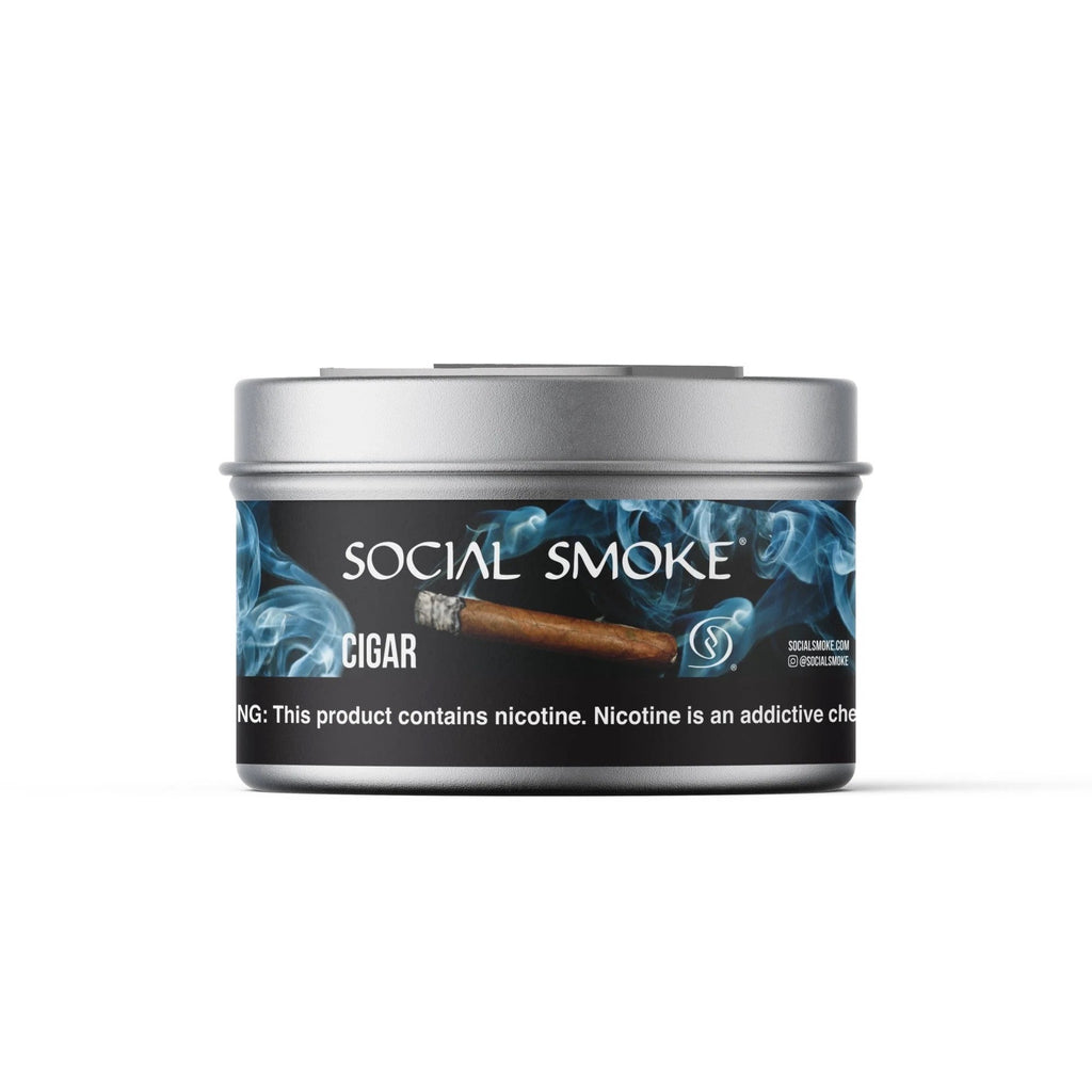 Le Tabac Social Smoke Cigar flavored tobacco in a silver tin with blue smoke design