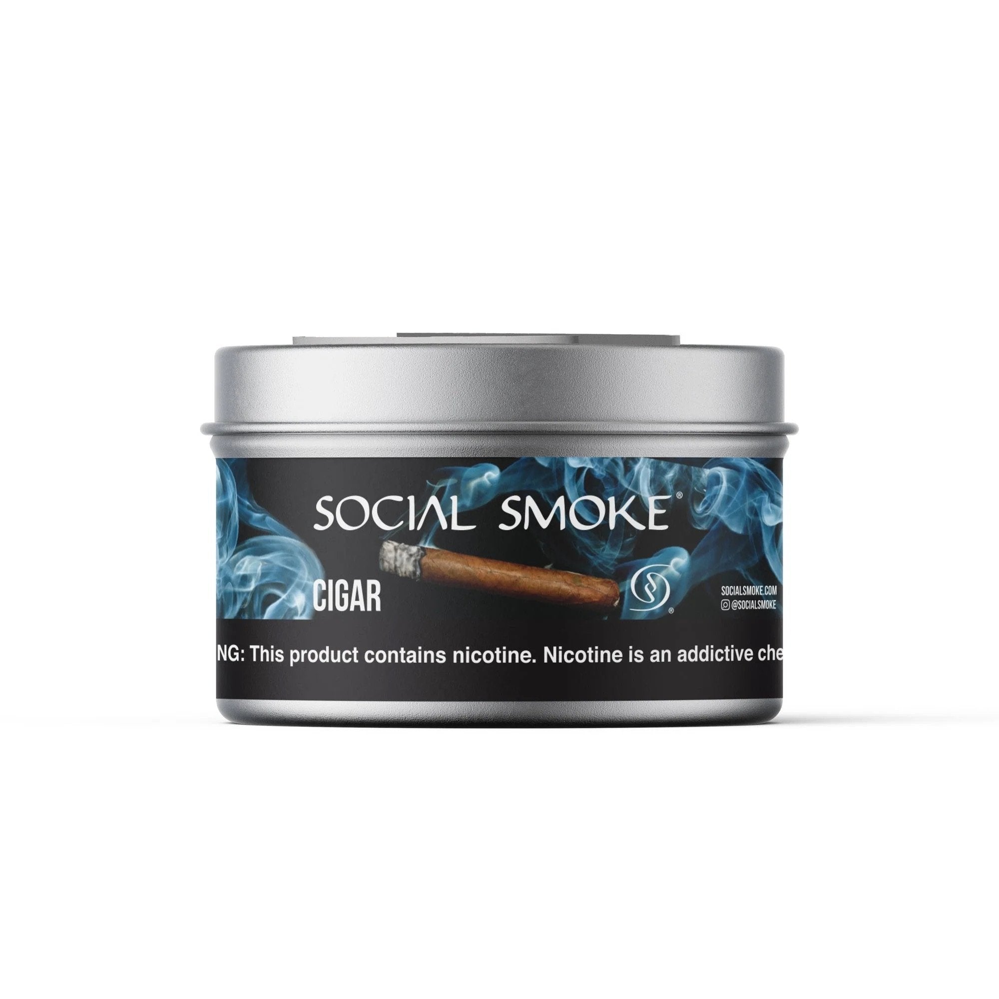 Le Tabac Social Smoke Cigar flavored tobacco in a silver tin with blue smoke design