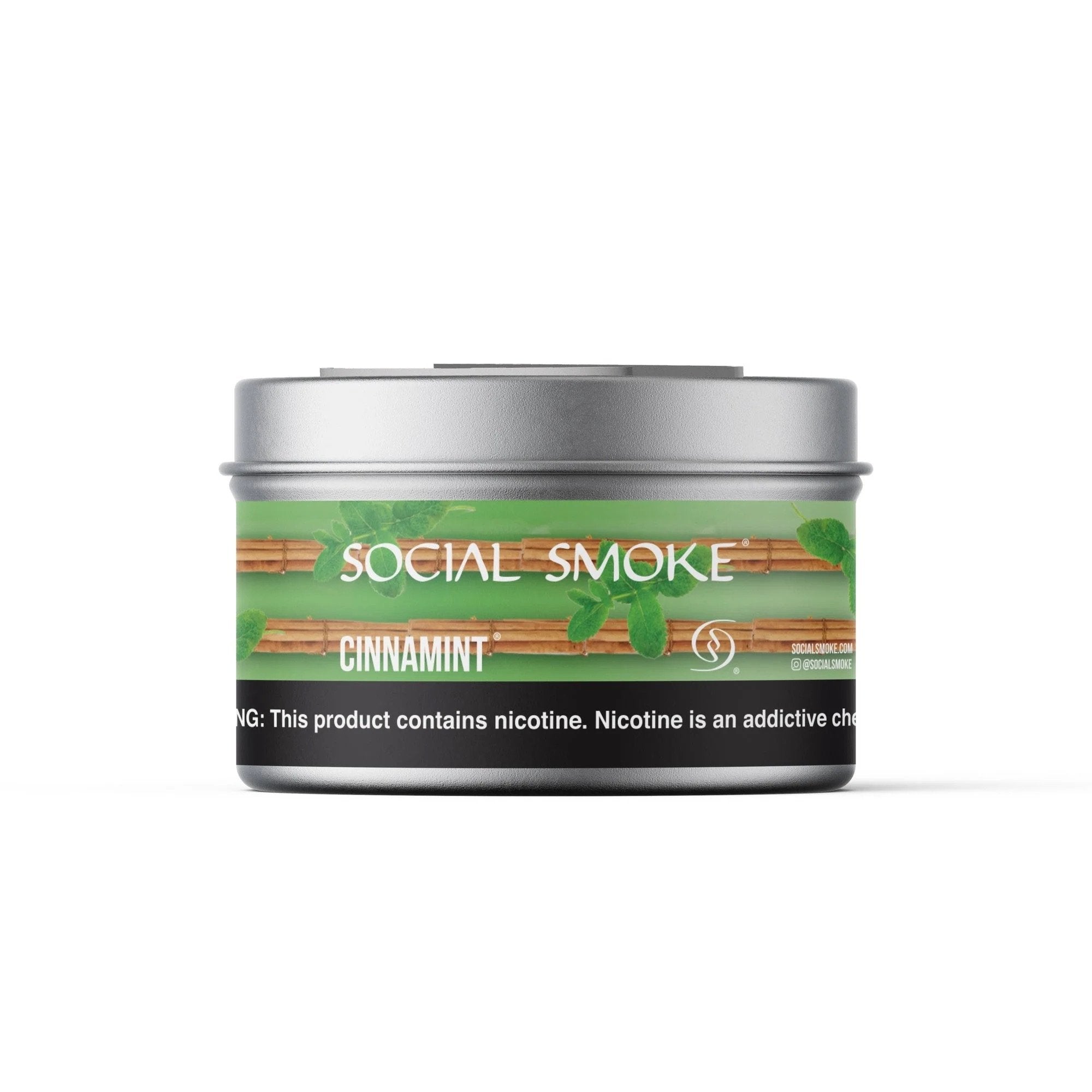LE TABAC Social Smoke Cinnamint flavored shisha tobacco in a silver tin container