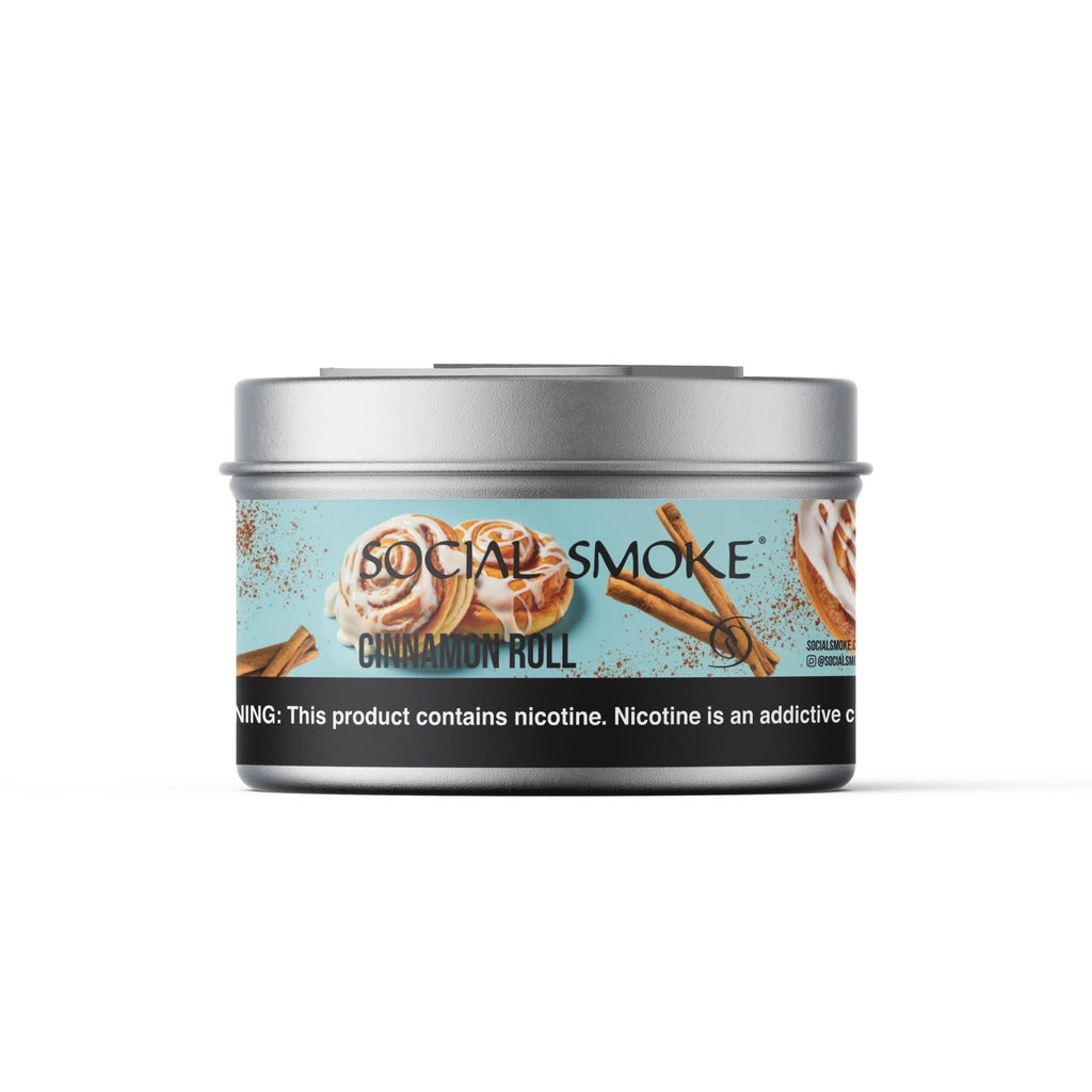 LE TABAC Social Smoke Cinnamon Roll flavored shisha tobacco in a silver tin container