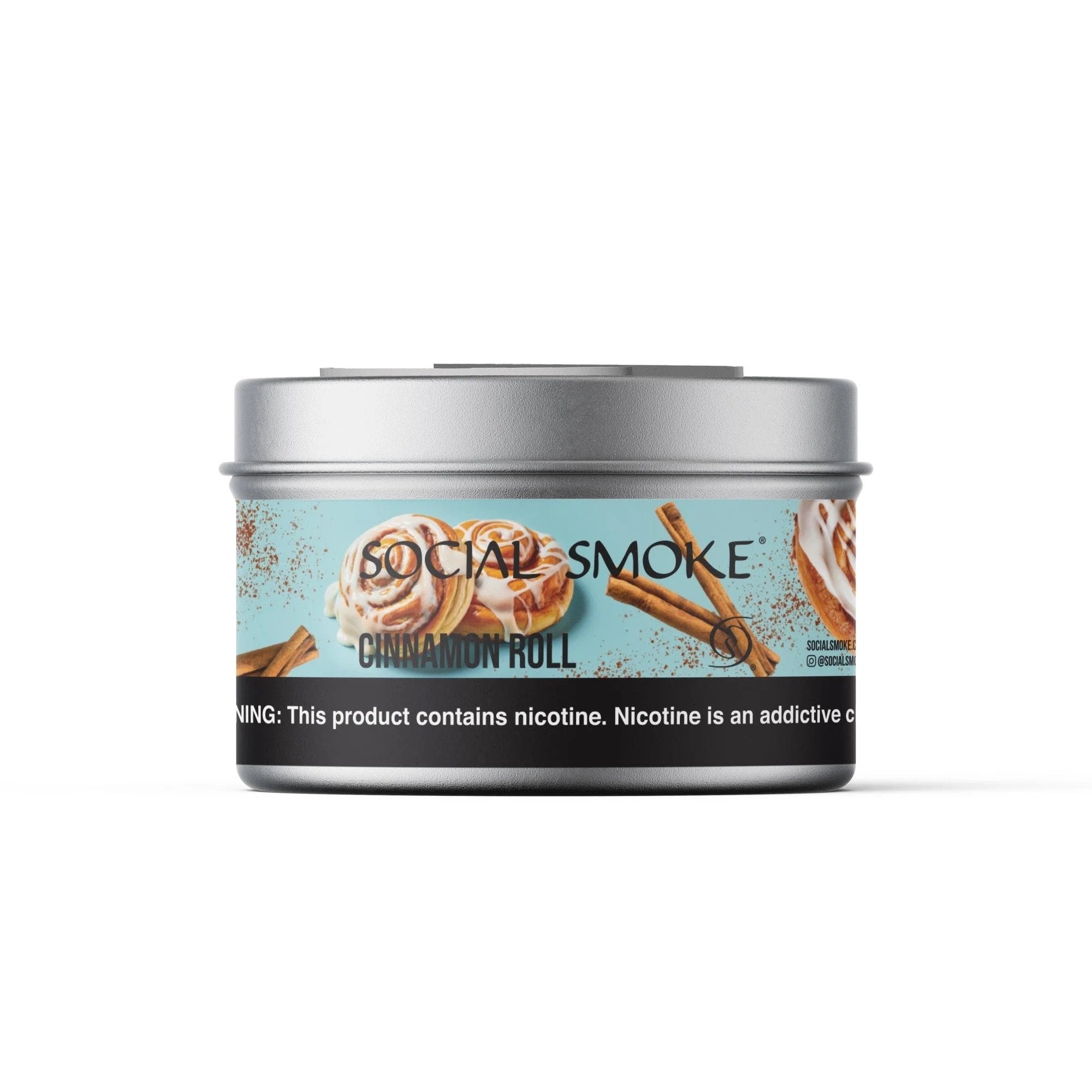 LE TABAC Social Smoke Cinnamon Roll flavored shisha tobacco in a silver tin container