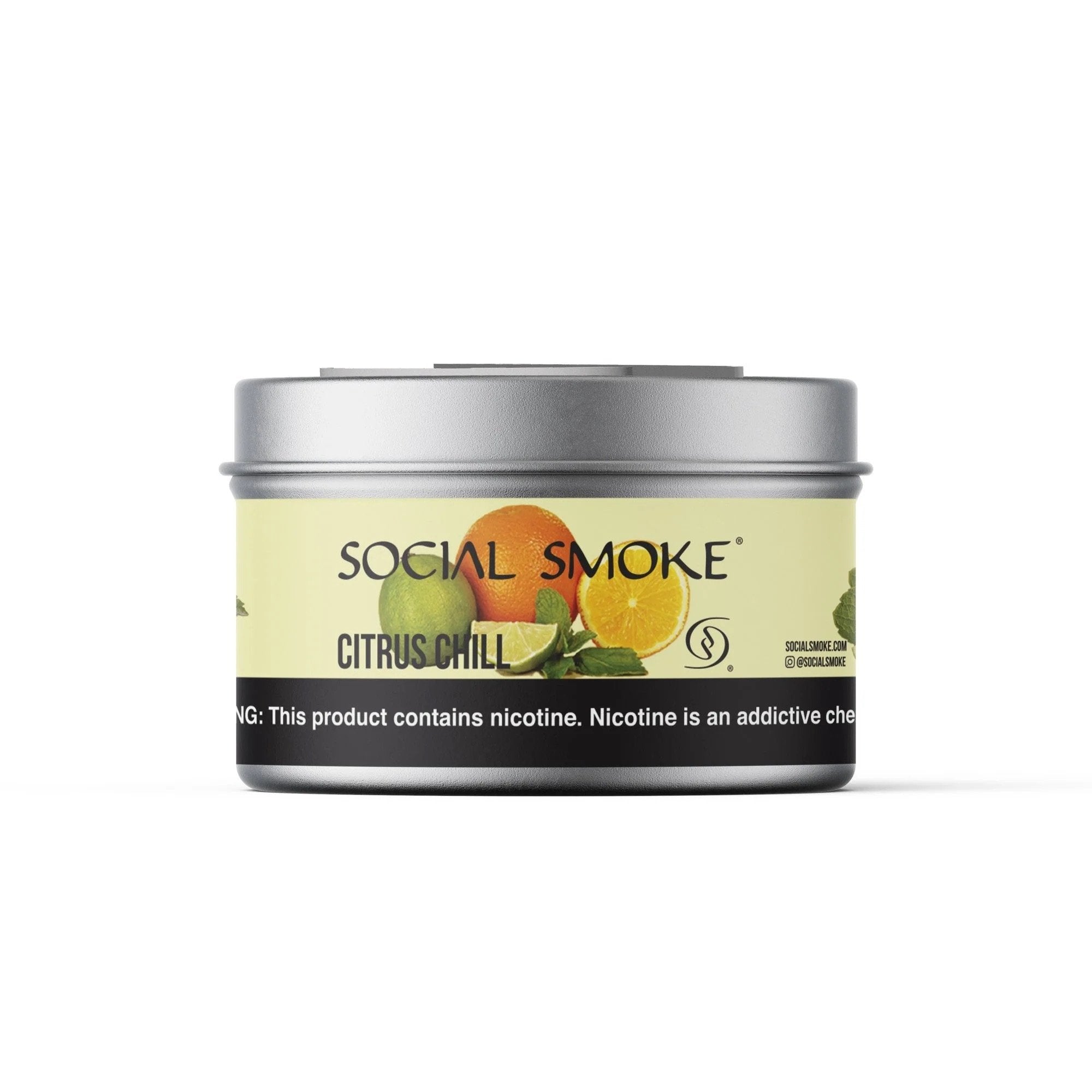 LE TABAC Social Smoke Citrus Chill flavored tobacco in a small silver and yellow tin container