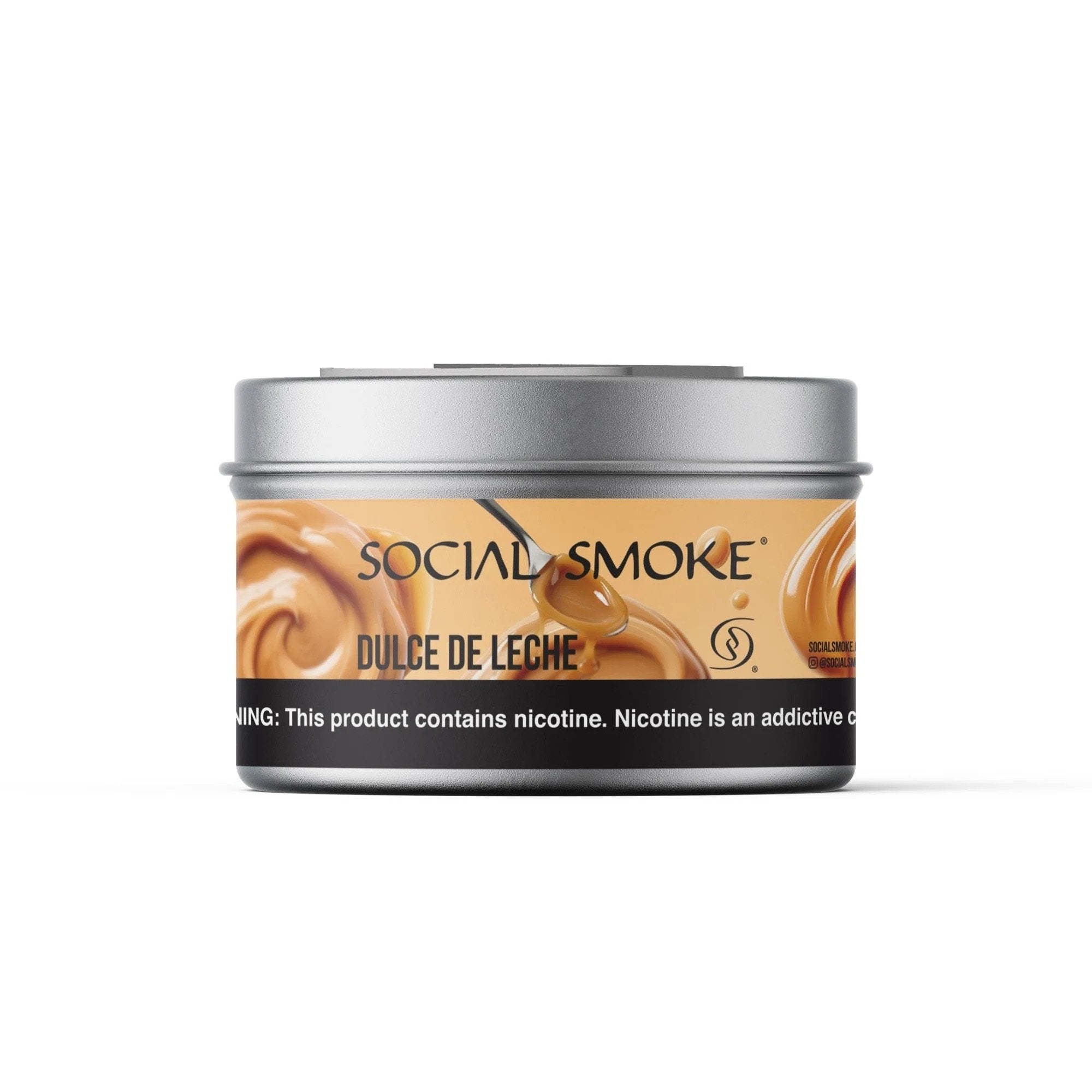 Social Smoke Dulce de Leche flavored tobacco dip can with silver lid by LE TABAC