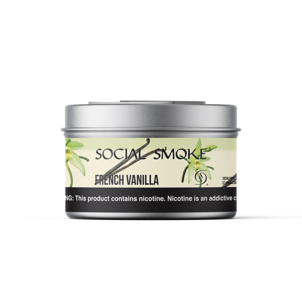 Social Smoke French Vanilla flavored tobacco in a small silver tin with vanilla flower design