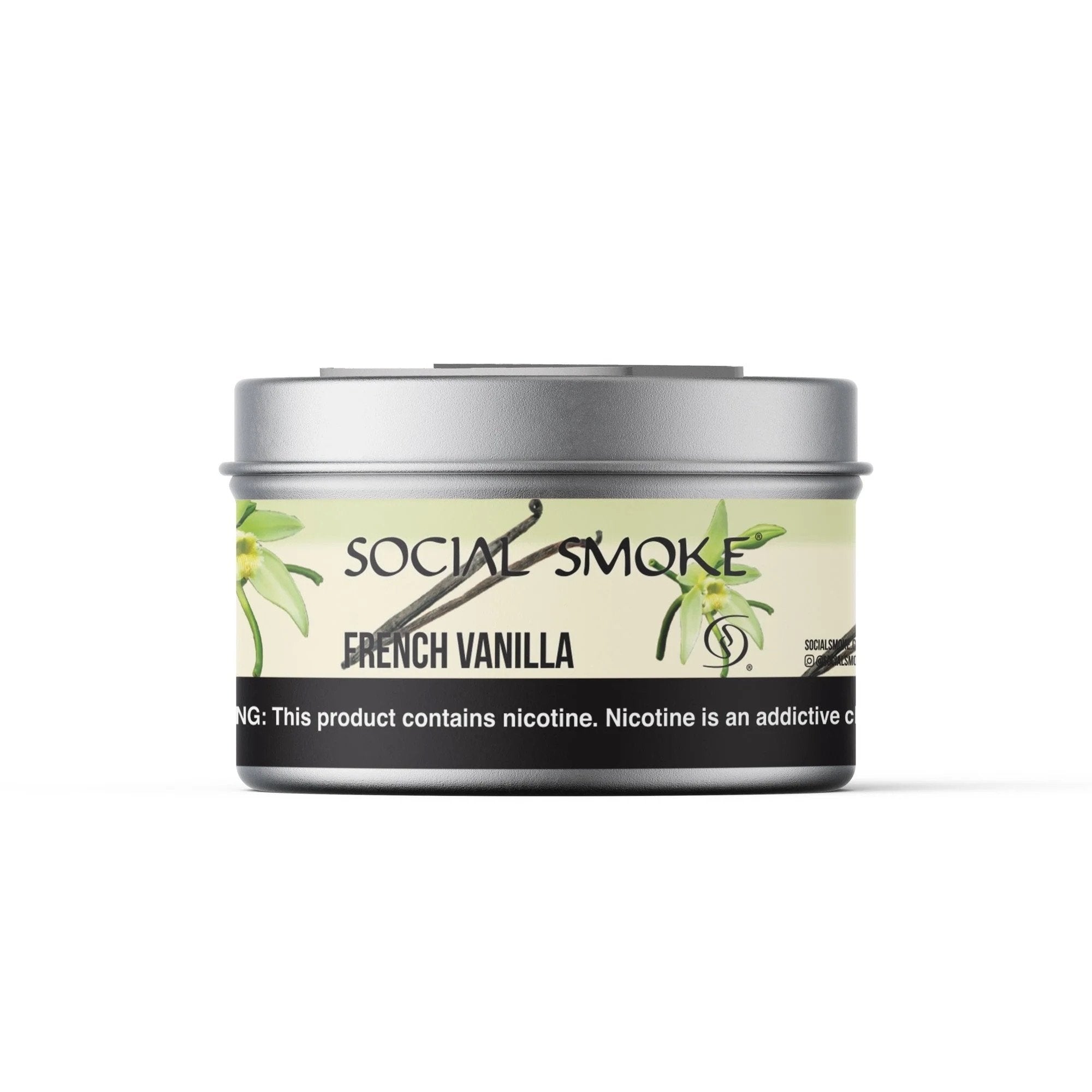 Social Smoke French Vanilla flavored tobacco in a small silver tin with vanilla flower design