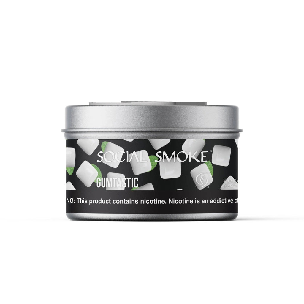 LE TABAC Social Smoke Gumtastic nicotine pouch can with black design and white gum illustrations