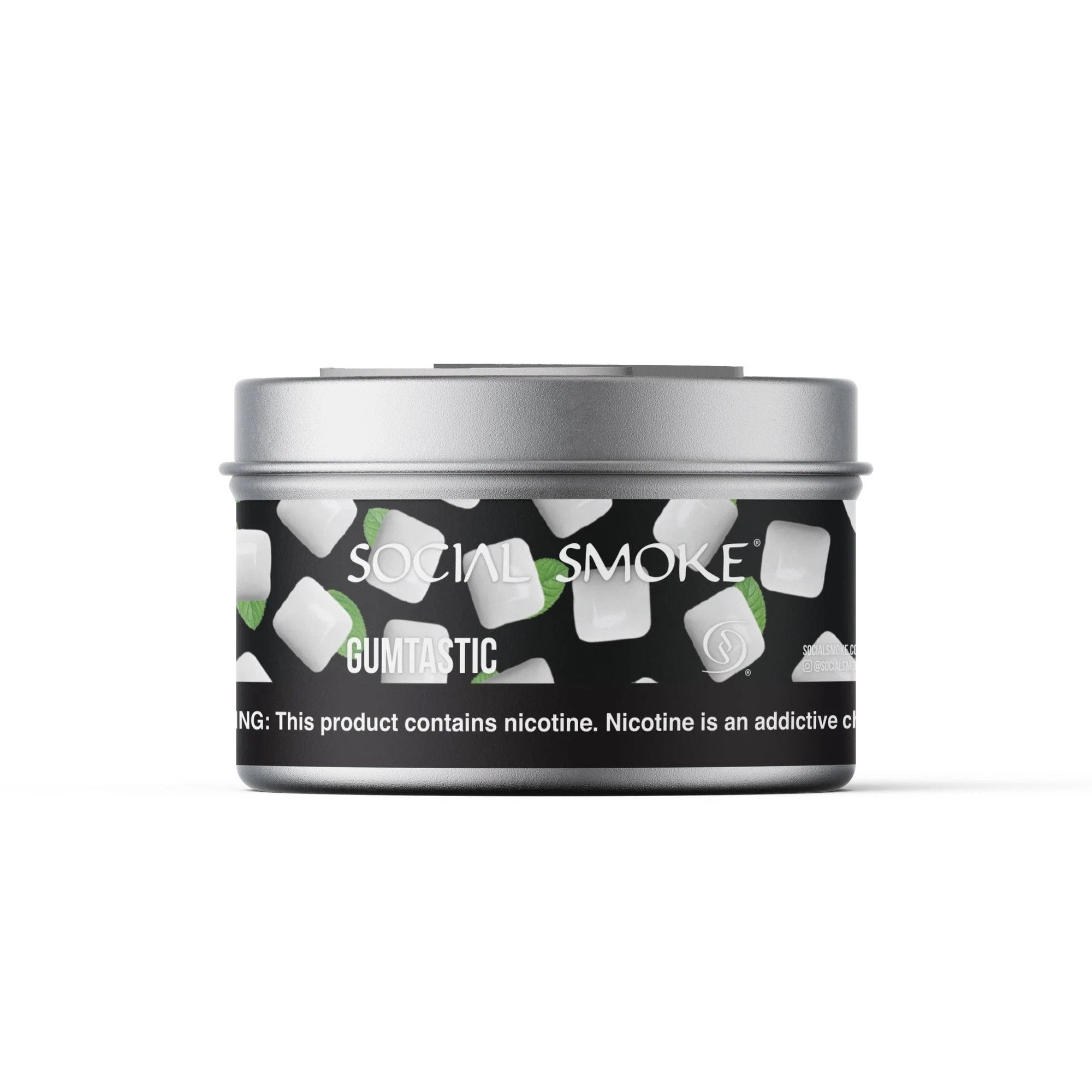 LE TABAC Social Smoke Gumtastic nicotine pouch can with black design and white gum illustrations