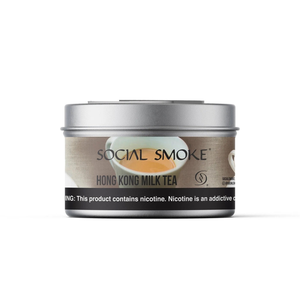 Social Smoke Hong Kong Milk Tea flavored tobacco in a silver round tin by LE TABAC