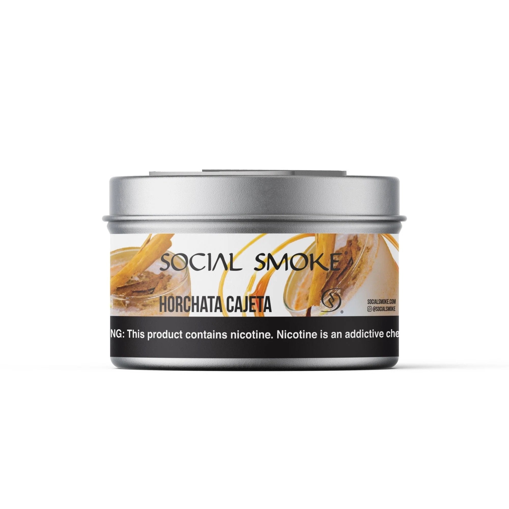 Social Smoke Horchata Cajeta flavored nicotine tobacco in a silver metal container