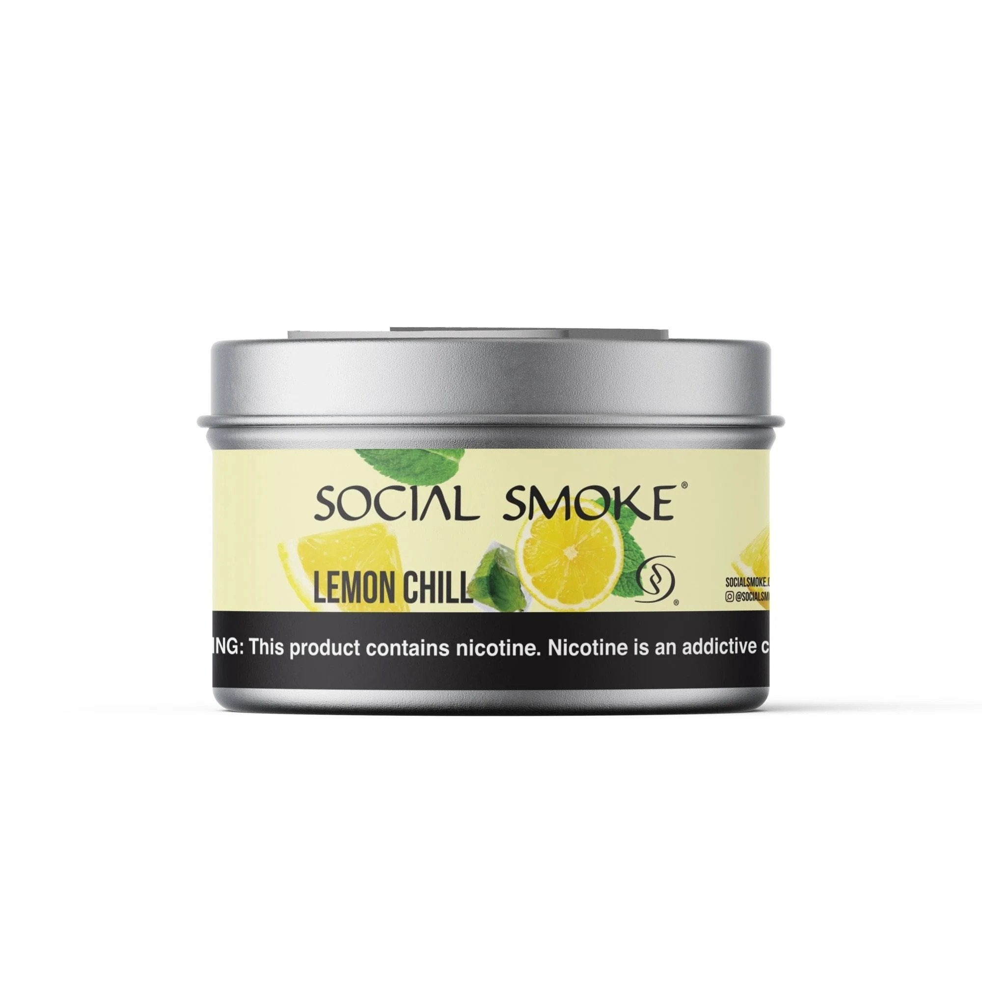 Social Smoke Lemon Chill nicotine tobacco can with yellow lemon design and silver lid