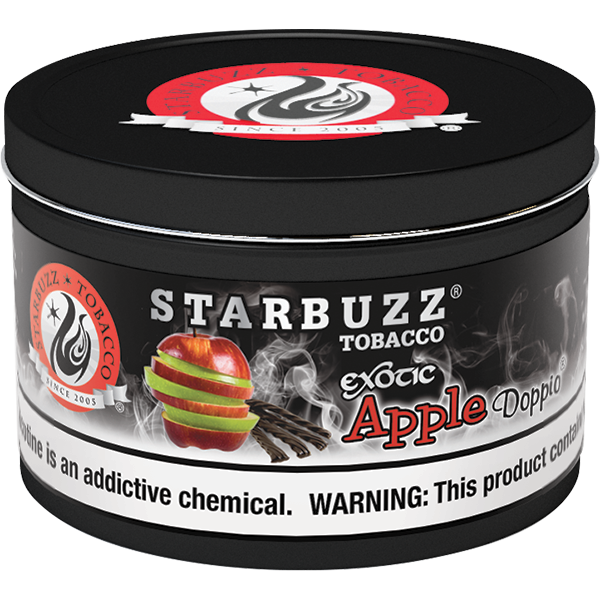 Starbuzz Tobacco Exotic Apple Doppio flavor shisha tobacco tin with apple and vanilla visuals