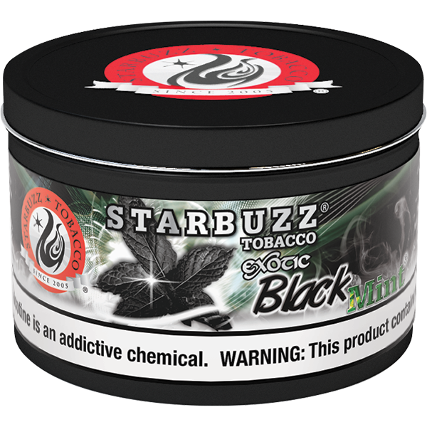 Starbuzz Tobacco Exotic Black Mint flavored hookah tobacco can with black lid and green mint leaves