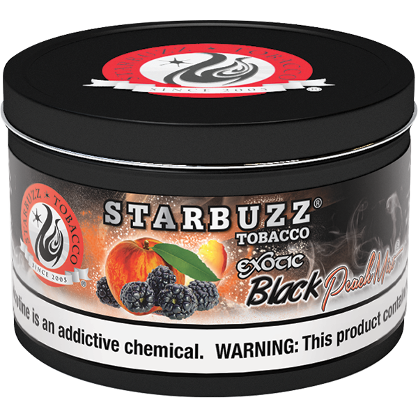 Starbuzz Tobacco Exotic Black Peach Mist flavored hookah tobacco in a black round tin