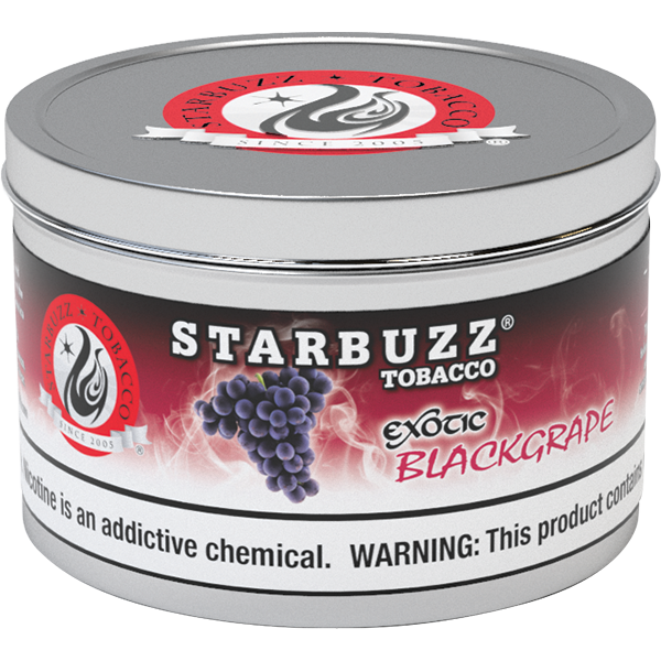 Starbuzz Tobacco Exotic Black Grape flavor in a silver round tin with purple grape image
