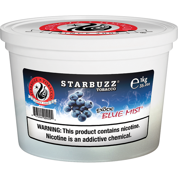 Starbuzz Tobacco Exotic Blue Mist 1kg container with nicotine warning label