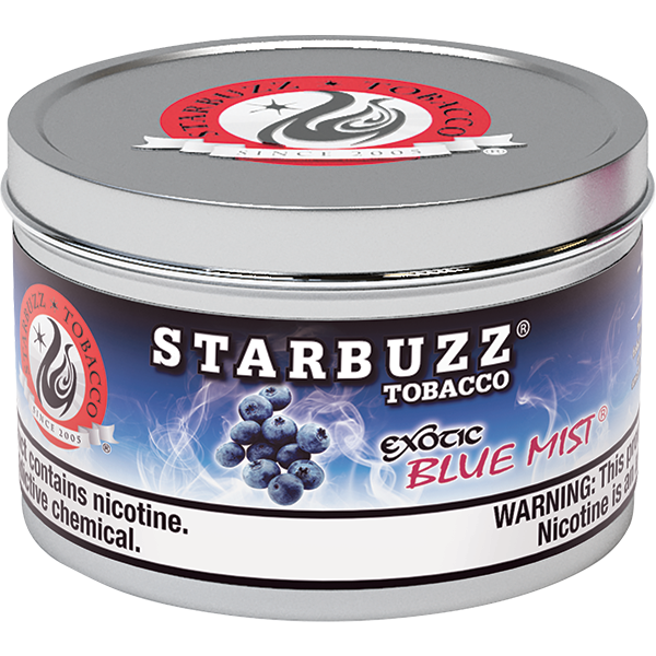 Starbuzz Tobacco Exotic Blue Mist flavor in a round metal tin with blueberry design and nicotine warning