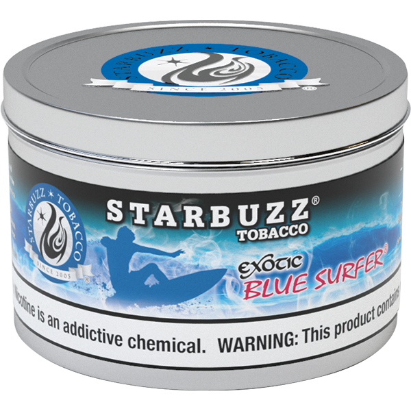 Starbuzz Tobacco Exotic Blue Surfer flavored tobacco in a silver round tin container