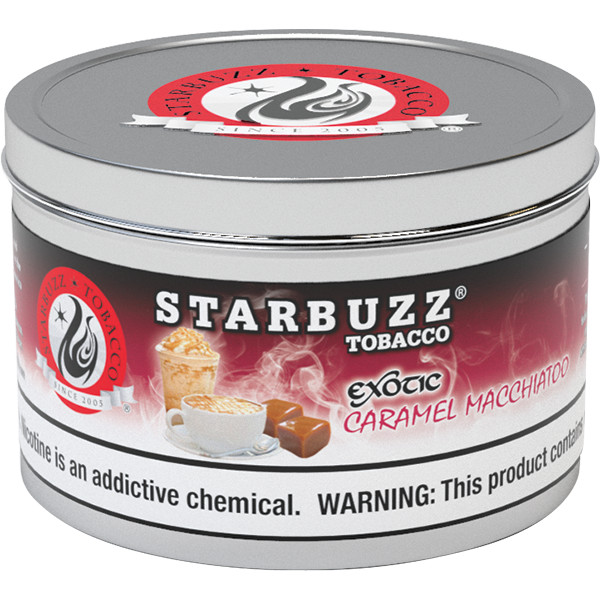 Starbuzz Tobacco Exotic Caramel Macchiato flavor hookah tobacco in a round metal tin