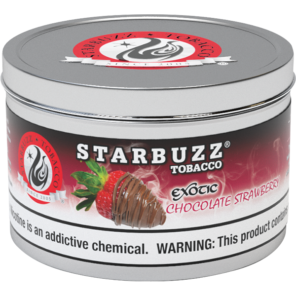 Starbuzz Tobacco Exotic Chocolate Strawberry flavored hookah tobacco in a metal tin can