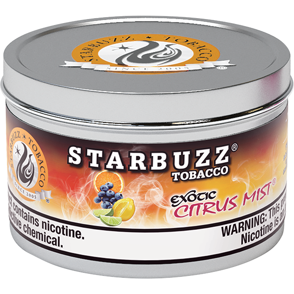 Starbuzz Tobacco Exotic Citrus Mist flavored tobacco in a round metal tin by LE TABAC