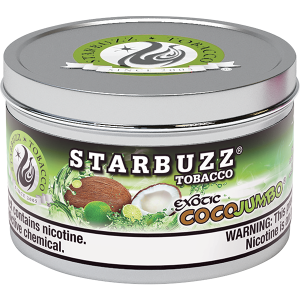Starbuzz Tobacco Exotic Cocojumbo flavor in a round metal tin with coconut and lime graphics