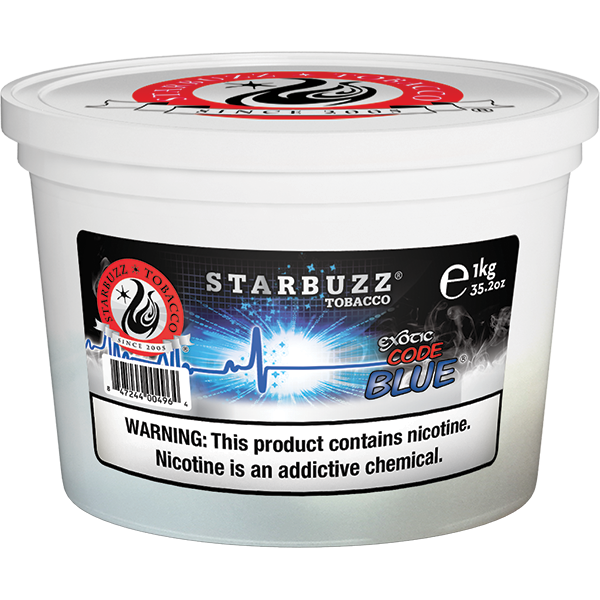 Starbuzz Tobacco Exotic Code Blue 1kg container with nicotine warning label