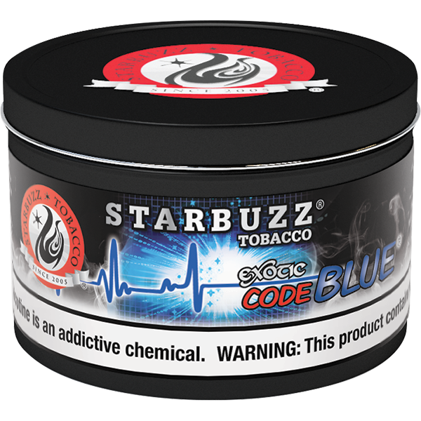 Starbuzz Tobacco Exotic Code Blue flavored hookah tobacco in black round container